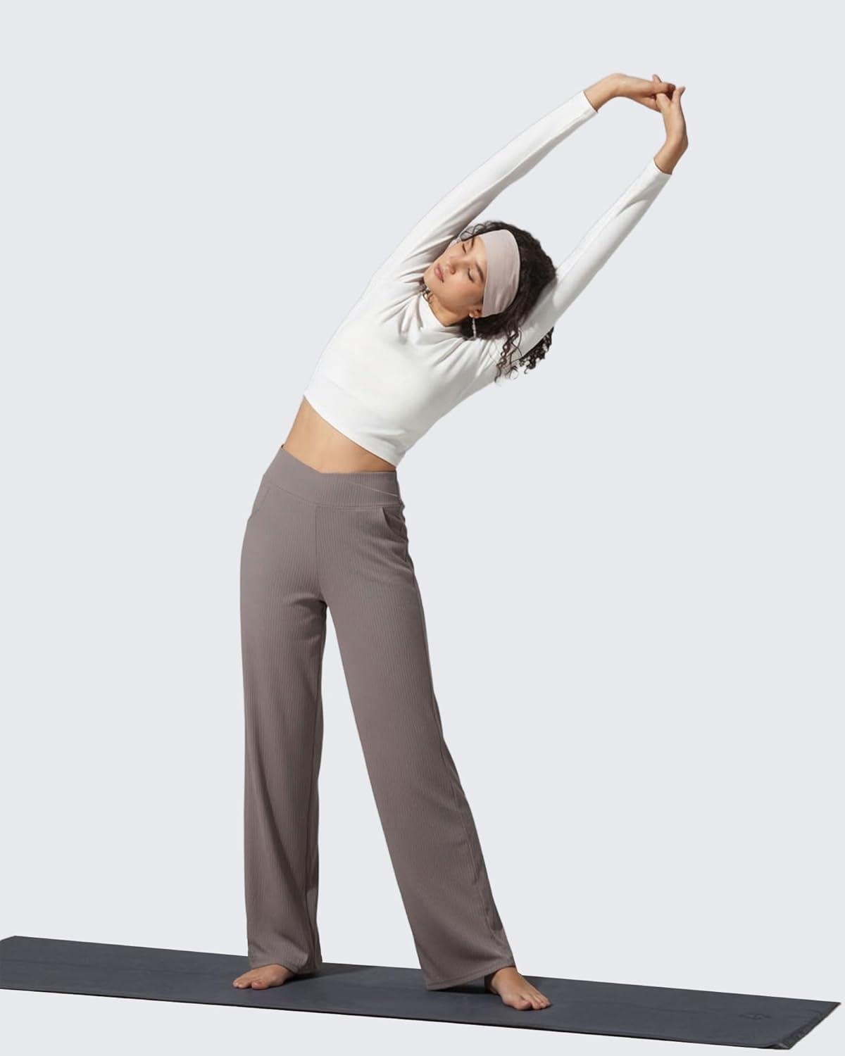 imageG4Free Breathable Ribbed Wide Leg Pants Women Casual Lightweight High Waist Yoga Pants with Pockets PetiteRegularTallTaupe
