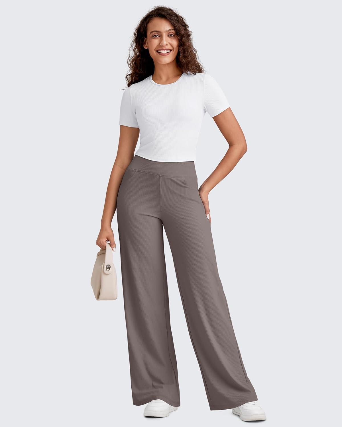 imageG4Free Breathable Ribbed Wide Leg Pants Women Casual Lightweight High Waist Yoga Pants with Pockets PetiteRegularTallTaupe
