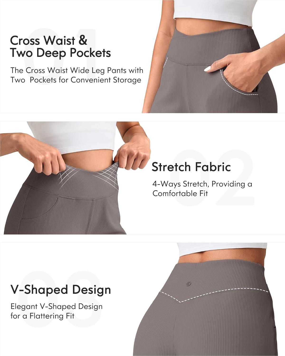imageG4Free Breathable Ribbed Wide Leg Pants Women Casual Lightweight High Waist Yoga Pants with Pockets PetiteRegularTallTaupe