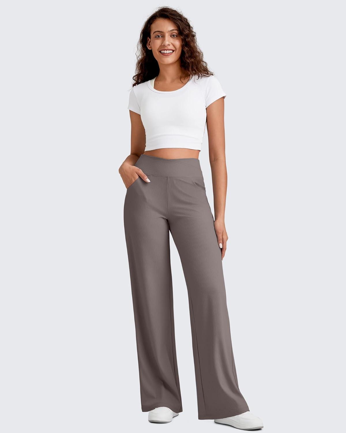 imageG4Free Breathable Ribbed Wide Leg Pants Women Casual Lightweight High Waist Yoga Pants with Pockets PetiteRegularTallTaupe