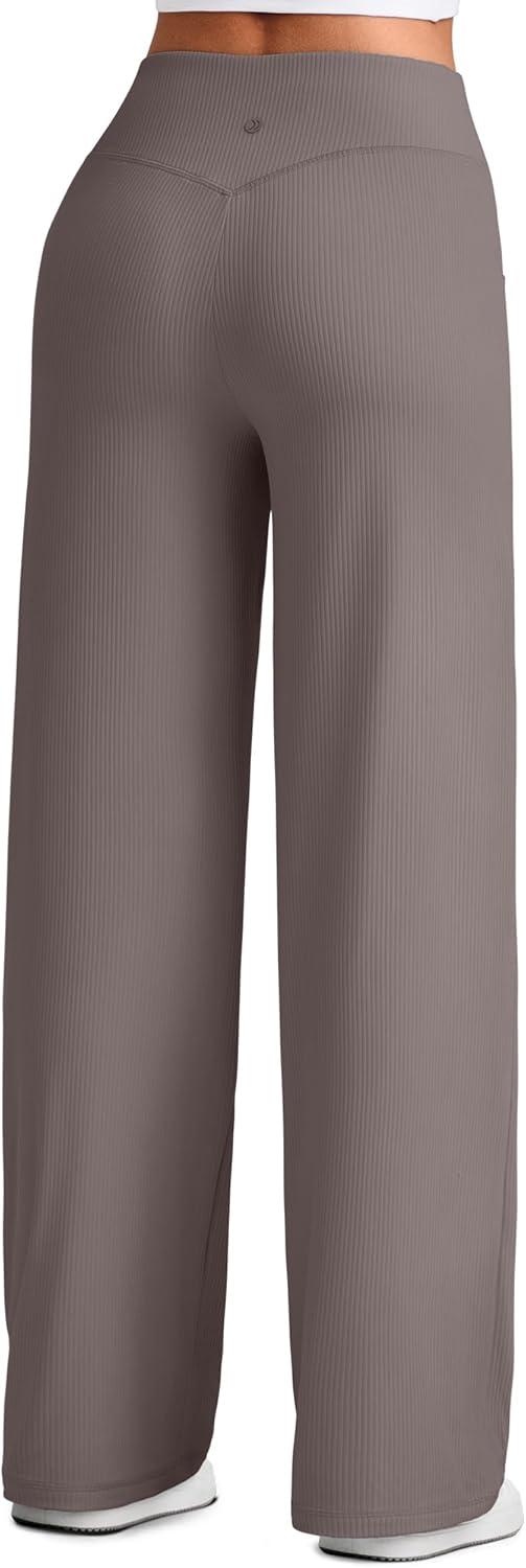 imageG4Free Breathable Ribbed Wide Leg Pants Women Casual Lightweight High Waist Yoga Pants with Pockets PetiteRegularTallTaupe