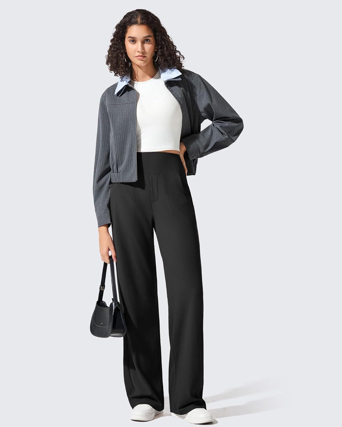 imageG4Free Breathable Ribbed Wide Leg Yoga Pants Women High Waist Lightweight Casual Trousers with PocketsBlack
