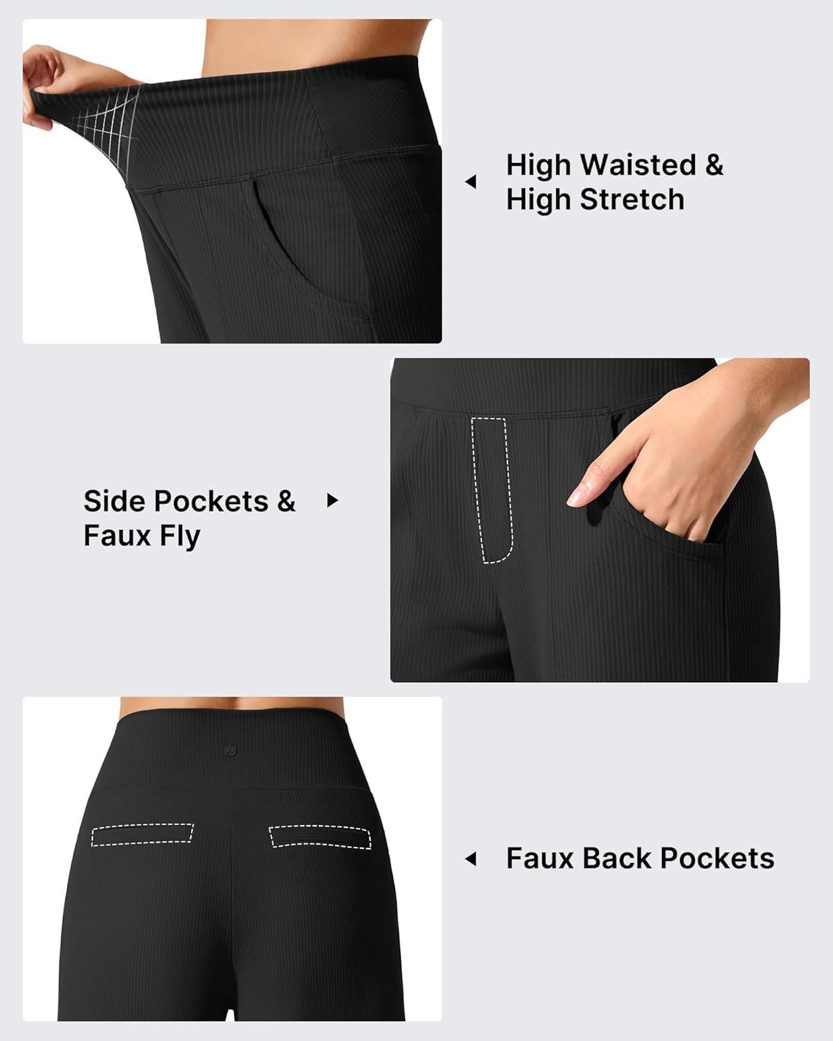imageG4Free Breathable Ribbed Wide Leg Yoga Pants Women High Waist Lightweight Casual Trousers with PocketsBlack