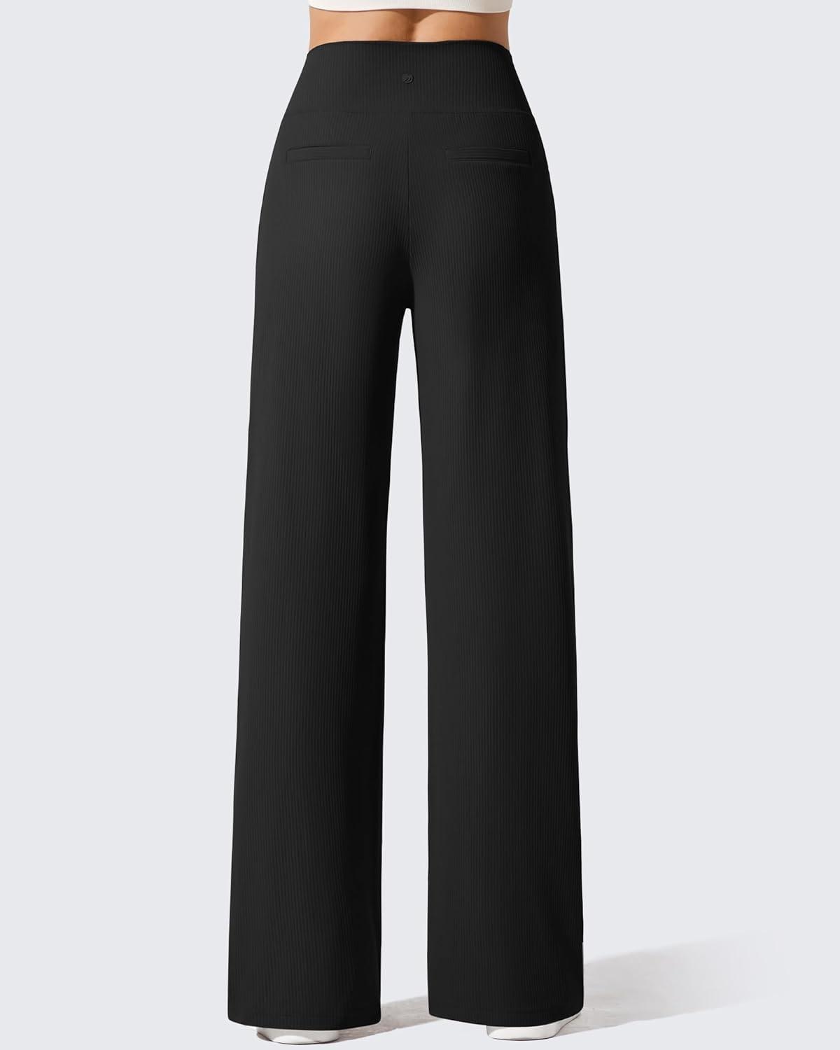 imageG4Free Breathable Ribbed Wide Leg Yoga Pants Women High Waist Lightweight Casual Trousers with PocketsBlack