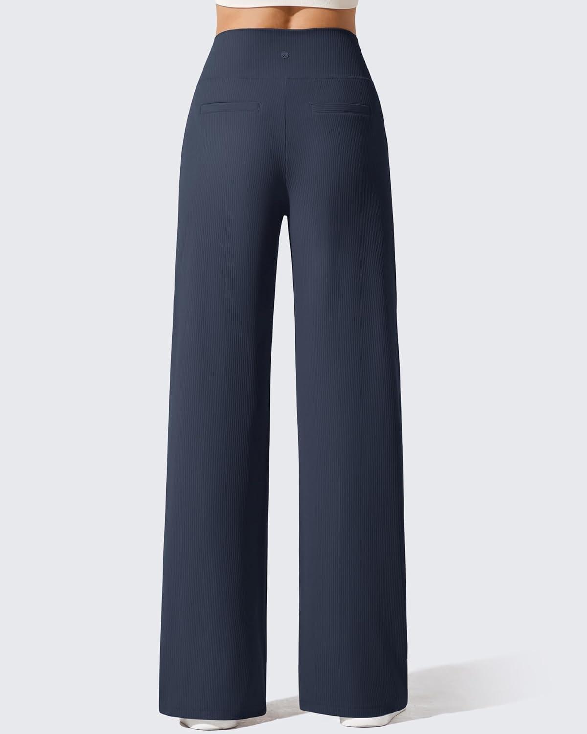 imageG4Free Breathable Ribbed Wide Leg Yoga Pants Women High Waist Lightweight Casual Trousers with PocketsDark Blue