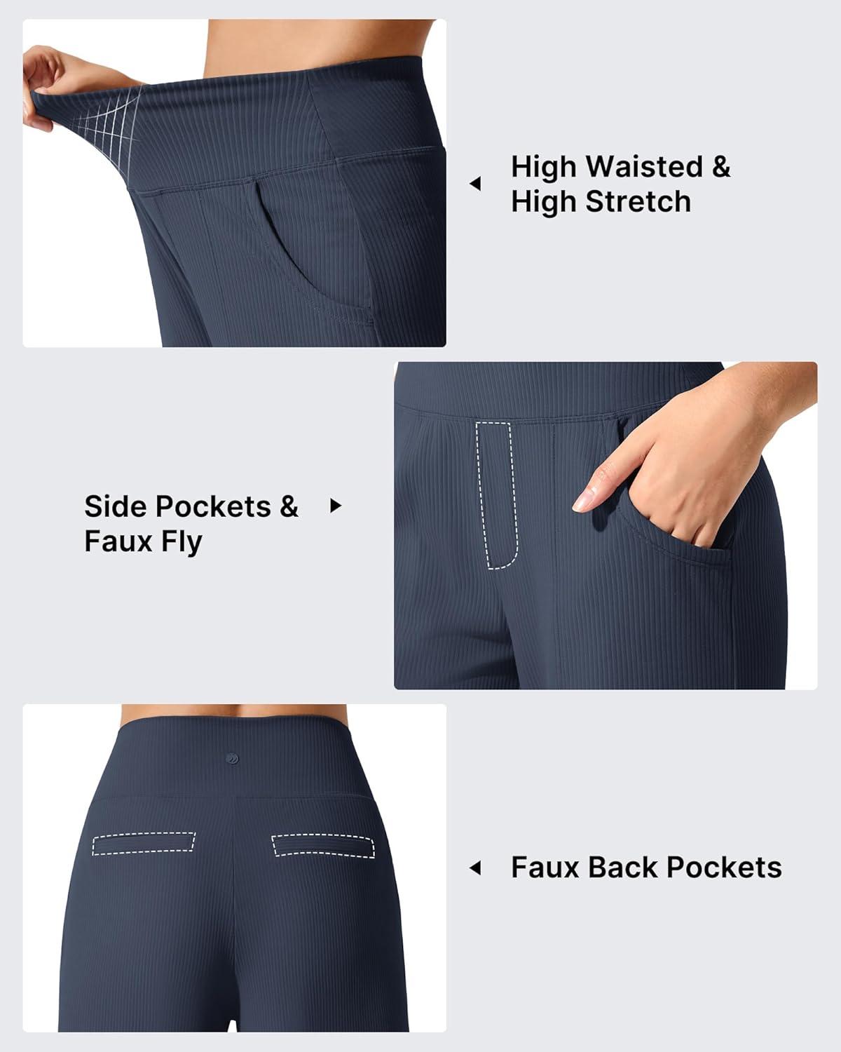 imageG4Free Breathable Ribbed Wide Leg Yoga Pants Women High Waist Lightweight Casual Trousers with PocketsDark Blue