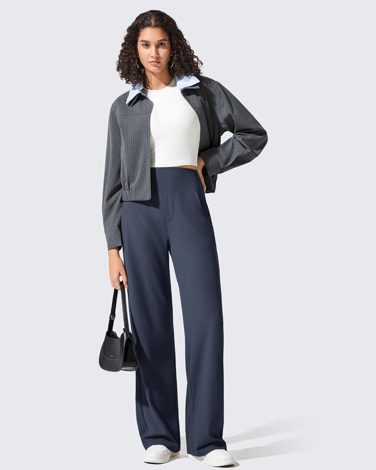 imageG4Free Breathable Ribbed Wide Leg Yoga Pants Women High Waist Lightweight Casual Trousers with PocketsDark Blue