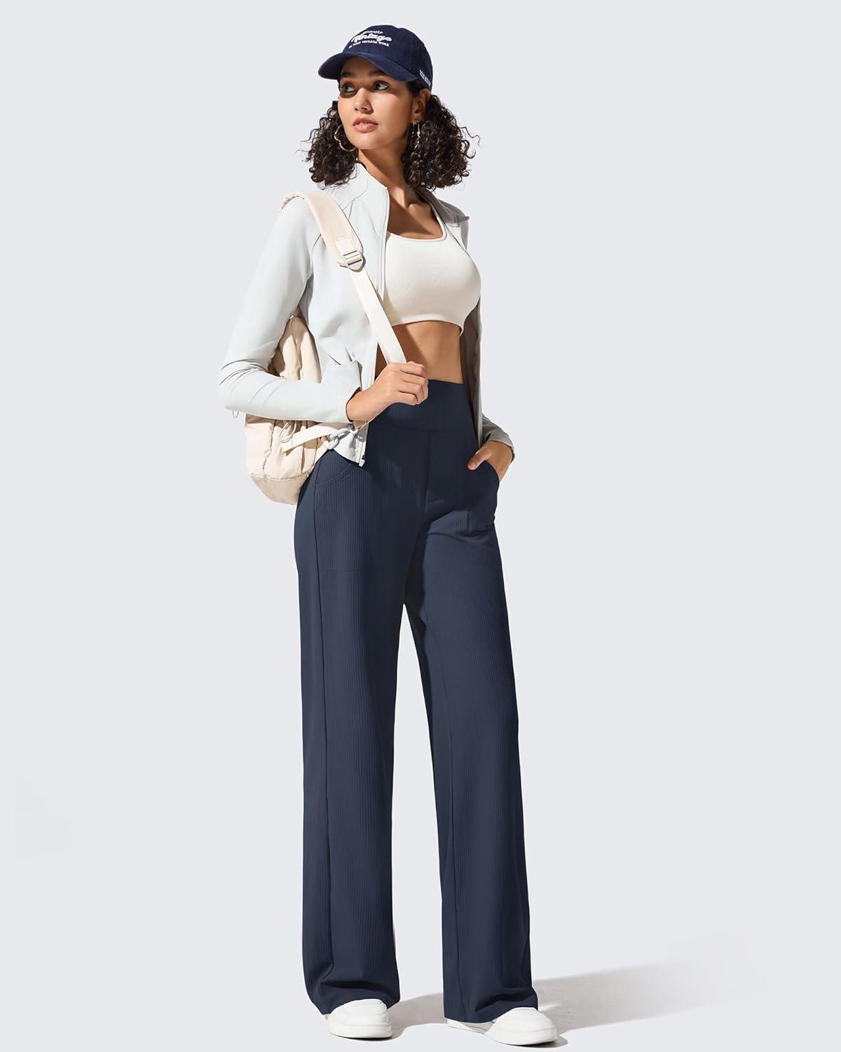 imageG4Free Breathable Ribbed Wide Leg Yoga Pants Women High Waist Lightweight Casual Trousers with PocketsDark Blue
