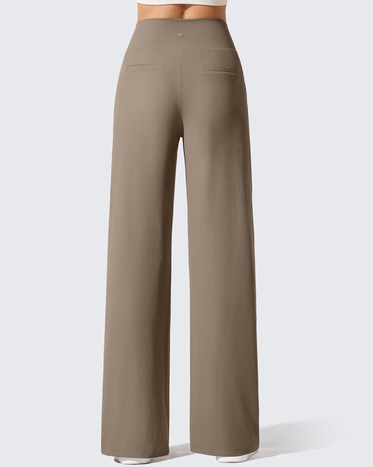 imageG4Free Breathable Ribbed Wide Leg Yoga Pants Women High Waist Lightweight Casual Trousers with PocketsDark Brown