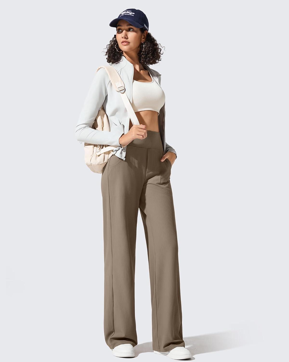 imageG4Free Breathable Ribbed Wide Leg Yoga Pants Women High Waist Lightweight Casual Trousers with PocketsDark Brown