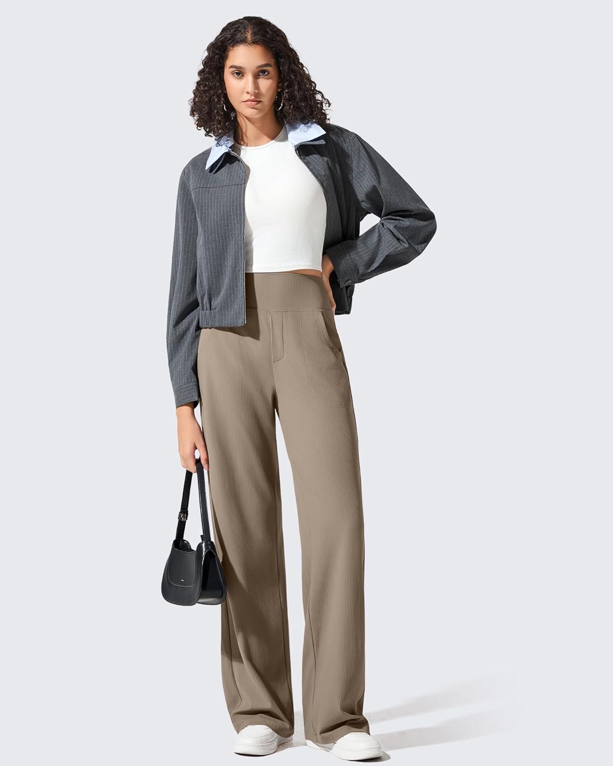 imageG4Free Breathable Ribbed Wide Leg Yoga Pants Women High Waist Lightweight Casual Trousers with PocketsDark Brown