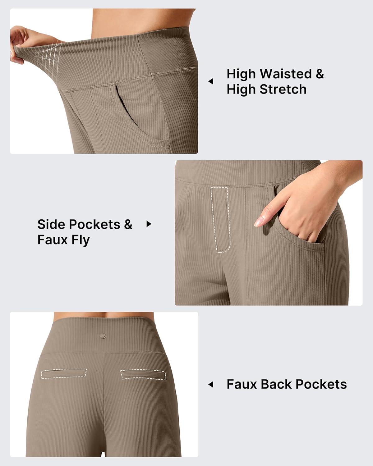 imageG4Free Breathable Ribbed Wide Leg Yoga Pants Women High Waist Lightweight Casual Trousers with PocketsDark Brown