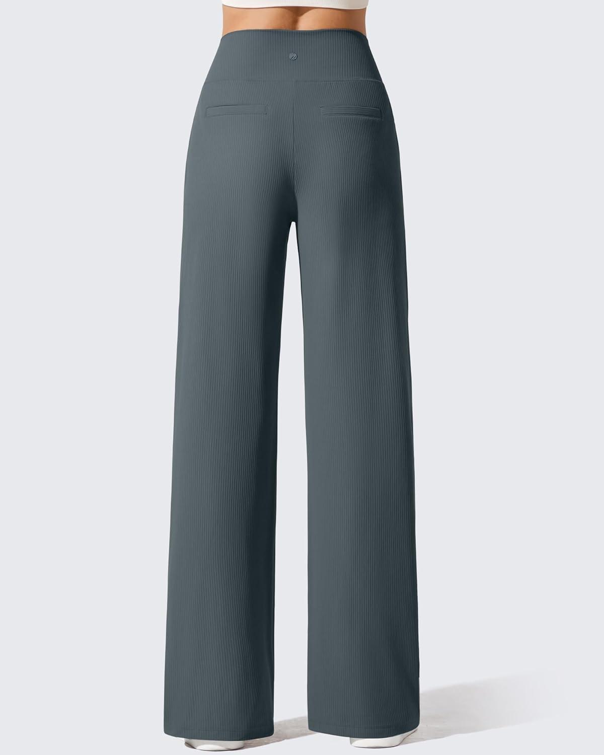 imageG4Free Breathable Ribbed Wide Leg Yoga Pants Women High Waist Lightweight Casual Trousers with PocketsDark Gray