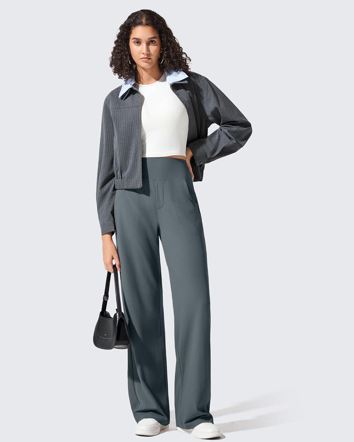 imageG4Free Breathable Ribbed Wide Leg Yoga Pants Women High Waist Lightweight Casual Trousers with PocketsDark Gray