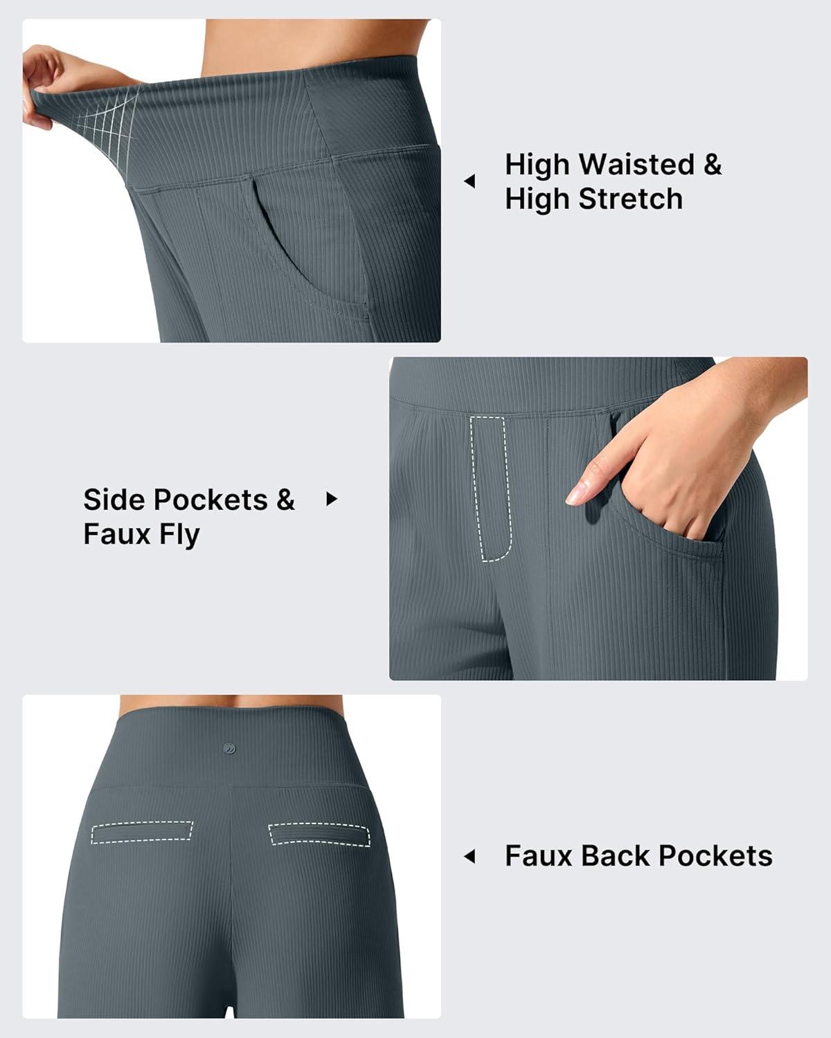 imageG4Free Breathable Ribbed Wide Leg Yoga Pants Women High Waist Lightweight Casual Trousers with PocketsDark Gray