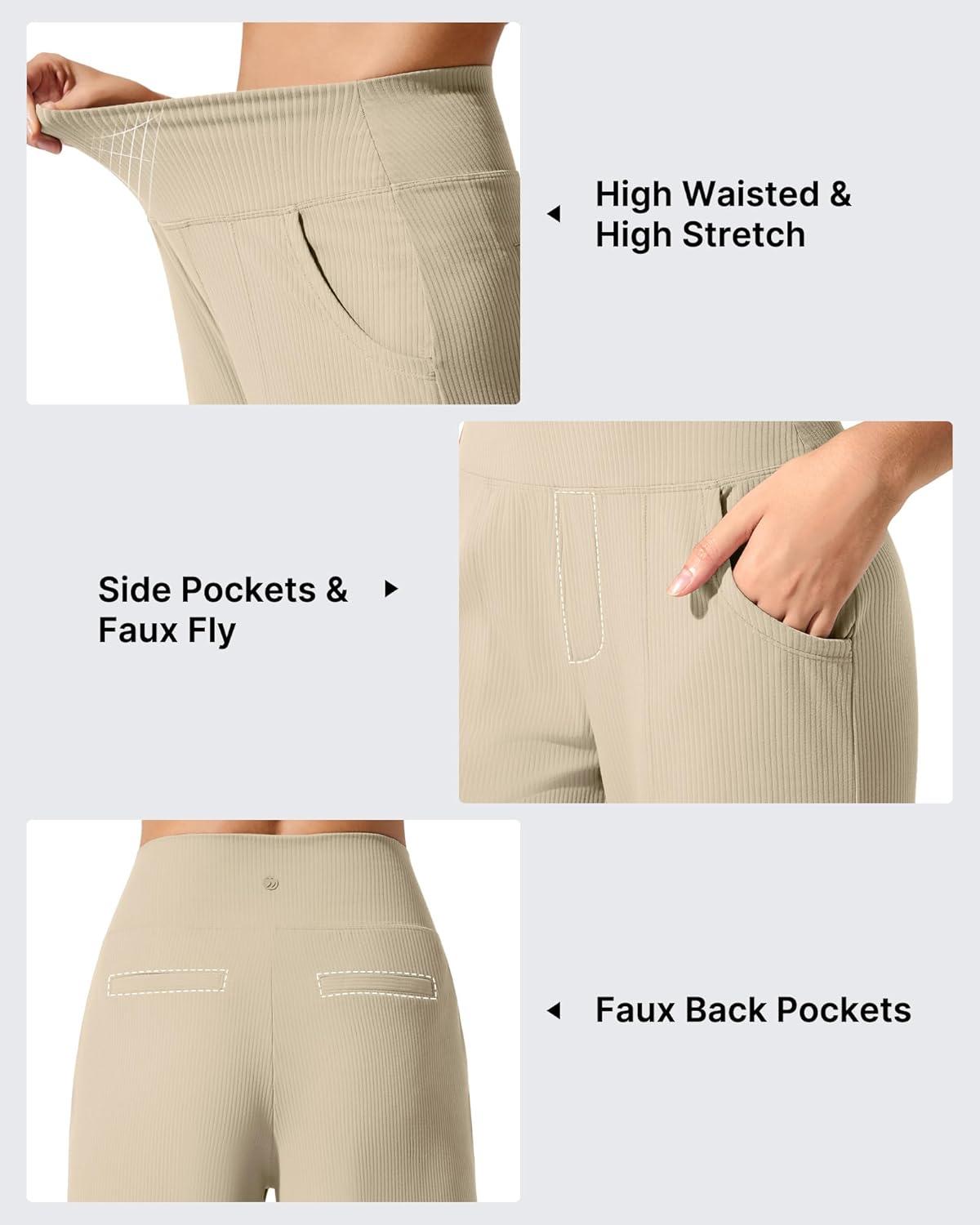 imageG4Free Breathable Ribbed Wide Leg Yoga Pants Women High Waist Lightweight Casual Trousers with PocketsDirty Latte