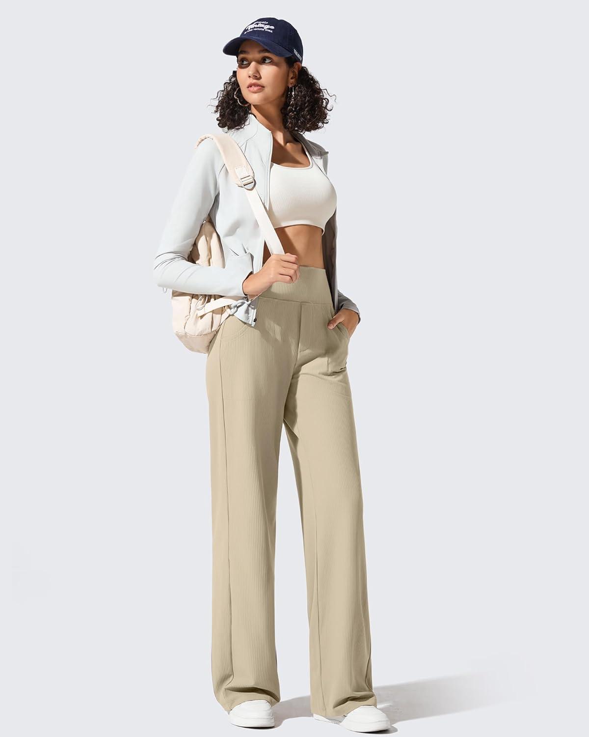 imageG4Free Breathable Ribbed Wide Leg Yoga Pants Women High Waist Lightweight Casual Trousers with PocketsDirty Latte