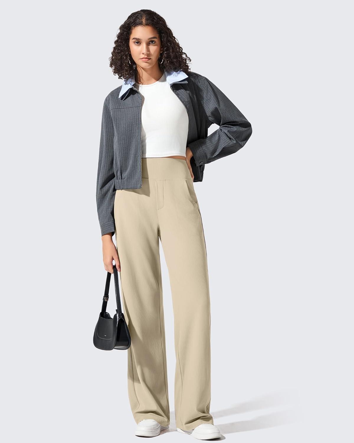 imageG4Free Breathable Ribbed Wide Leg Yoga Pants Women High Waist Lightweight Casual Trousers with PocketsDirty Latte