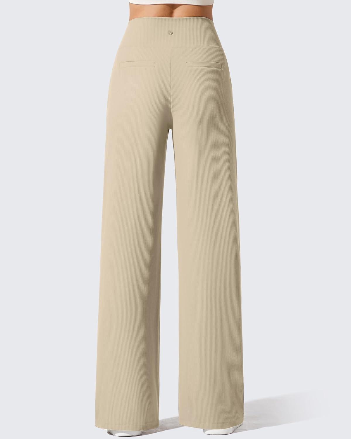 imageG4Free Breathable Ribbed Wide Leg Yoga Pants Women High Waist Lightweight Casual Trousers with PocketsDirty Latte