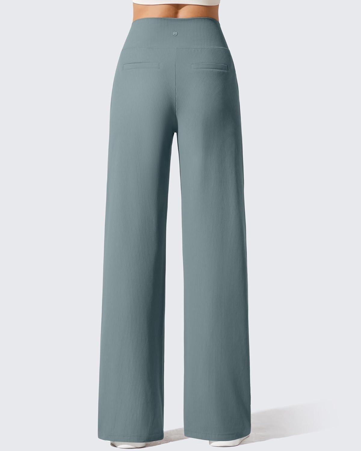 imageG4Free Breathable Ribbed Wide Leg Yoga Pants Women High Waist Lightweight Casual Trousers with PocketsGray Blue