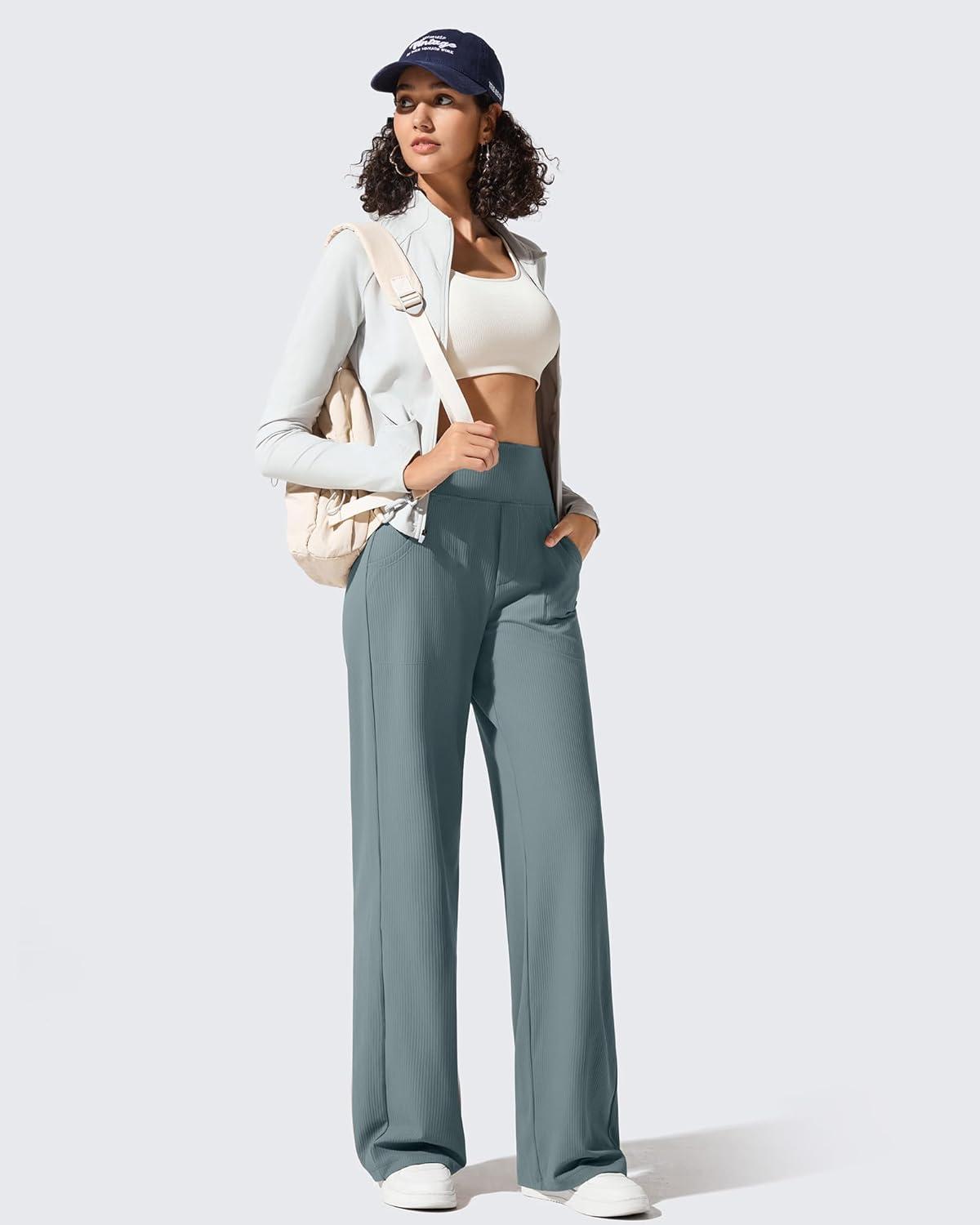 imageG4Free Breathable Ribbed Wide Leg Yoga Pants Women High Waist Lightweight Casual Trousers with PocketsGray Blue