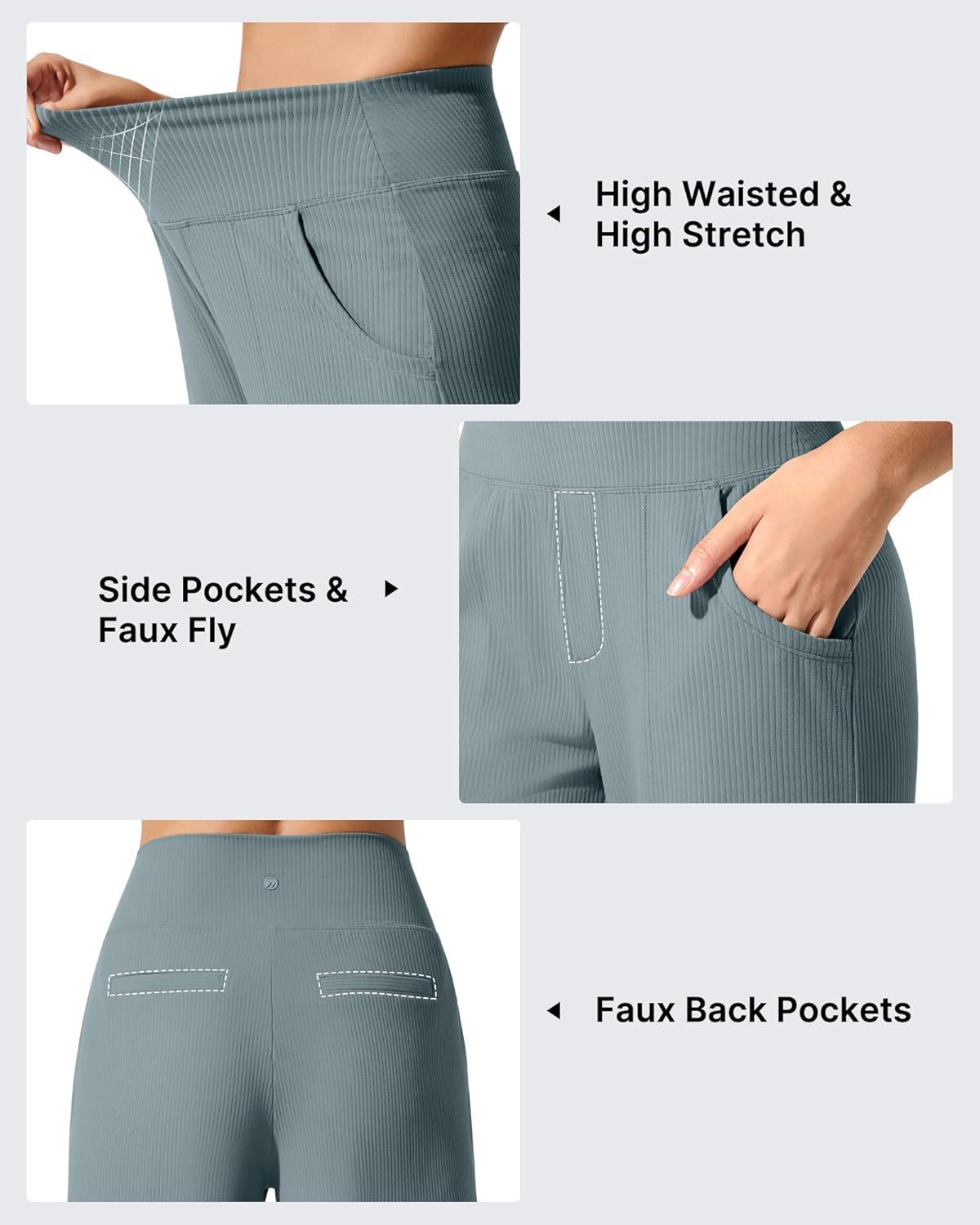imageG4Free Breathable Ribbed Wide Leg Yoga Pants Women High Waist Lightweight Casual Trousers with PocketsGray Blue