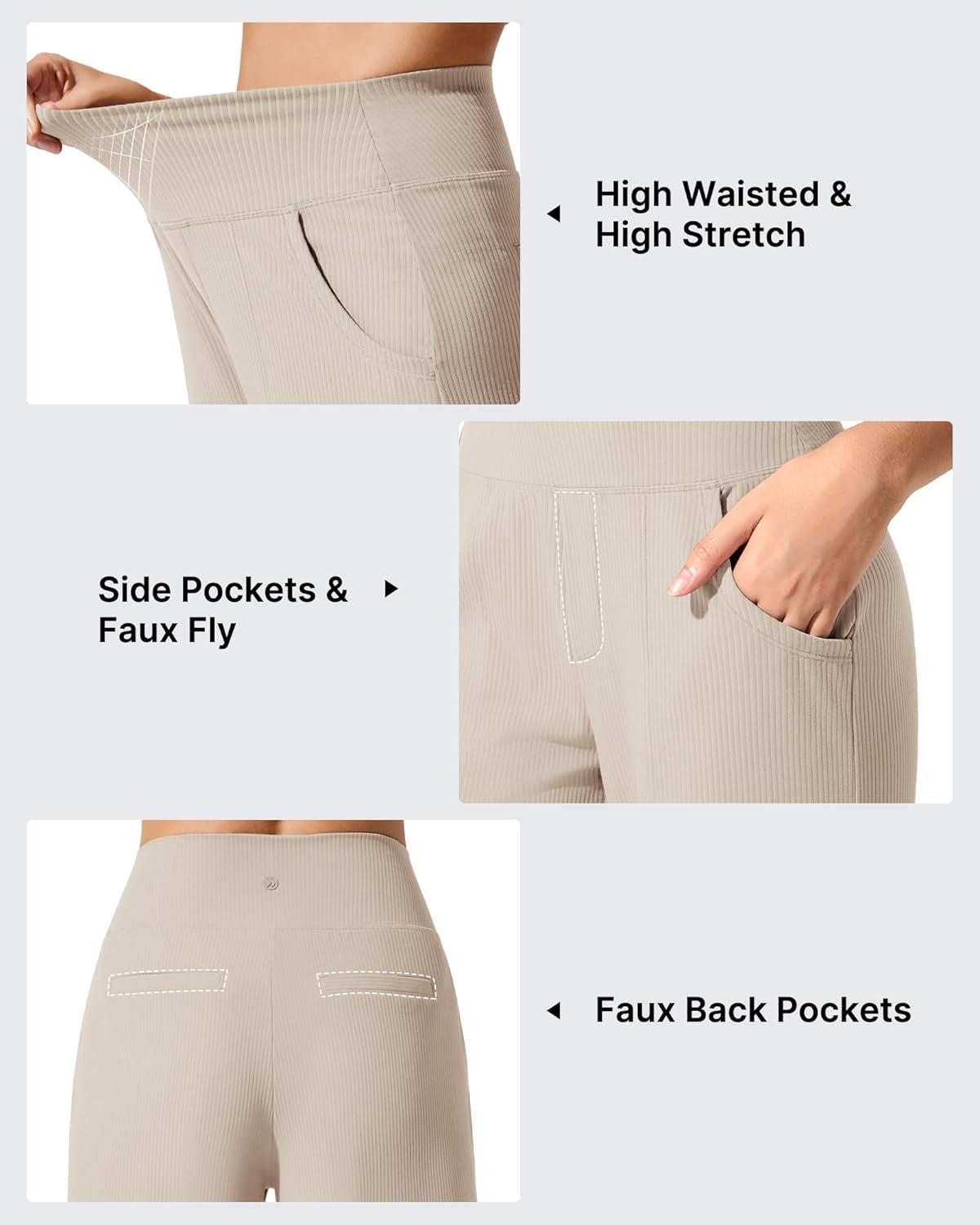 imageG4Free Breathable Ribbed Wide Leg Yoga Pants Women High Waist Lightweight Casual Trousers with PocketsLight Khaki
