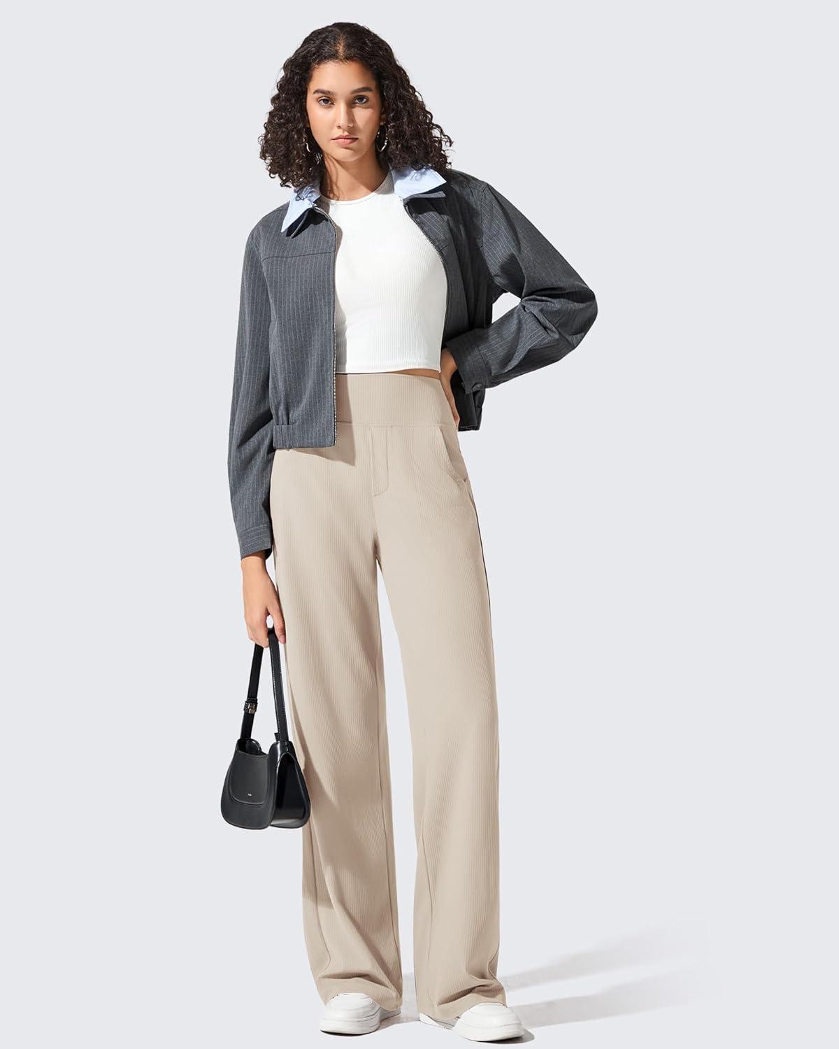 imageG4Free Breathable Ribbed Wide Leg Yoga Pants Women High Waist Lightweight Casual Trousers with PocketsLight Khaki