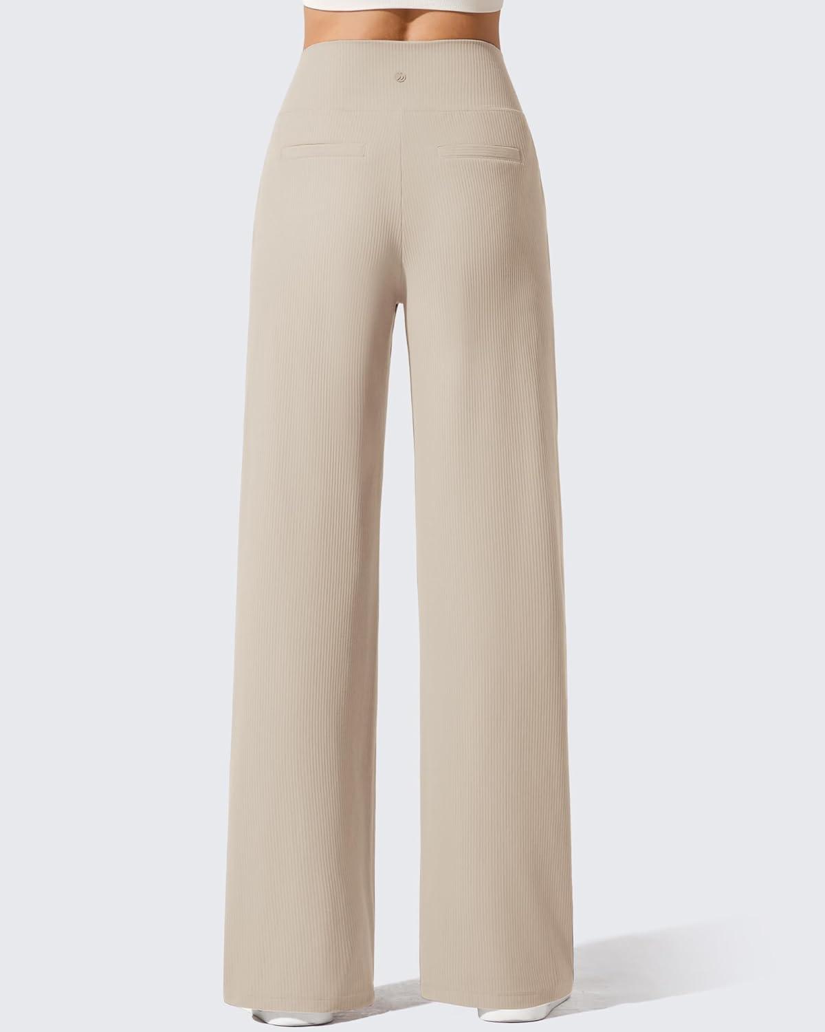 imageG4Free Breathable Ribbed Wide Leg Yoga Pants Women High Waist Lightweight Casual Trousers with PocketsLight Khaki
