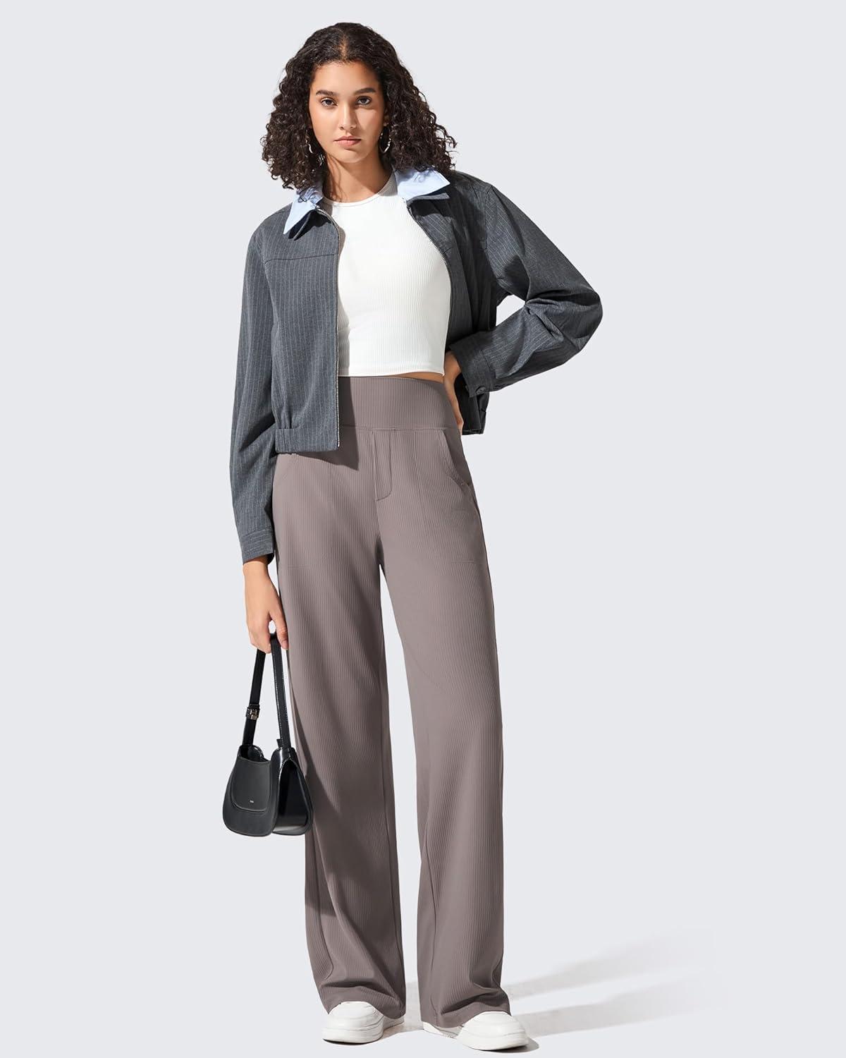 imageG4Free Breathable Ribbed Wide Leg Yoga Pants Women High Waist Lightweight Casual Trousers with PocketsTaupe