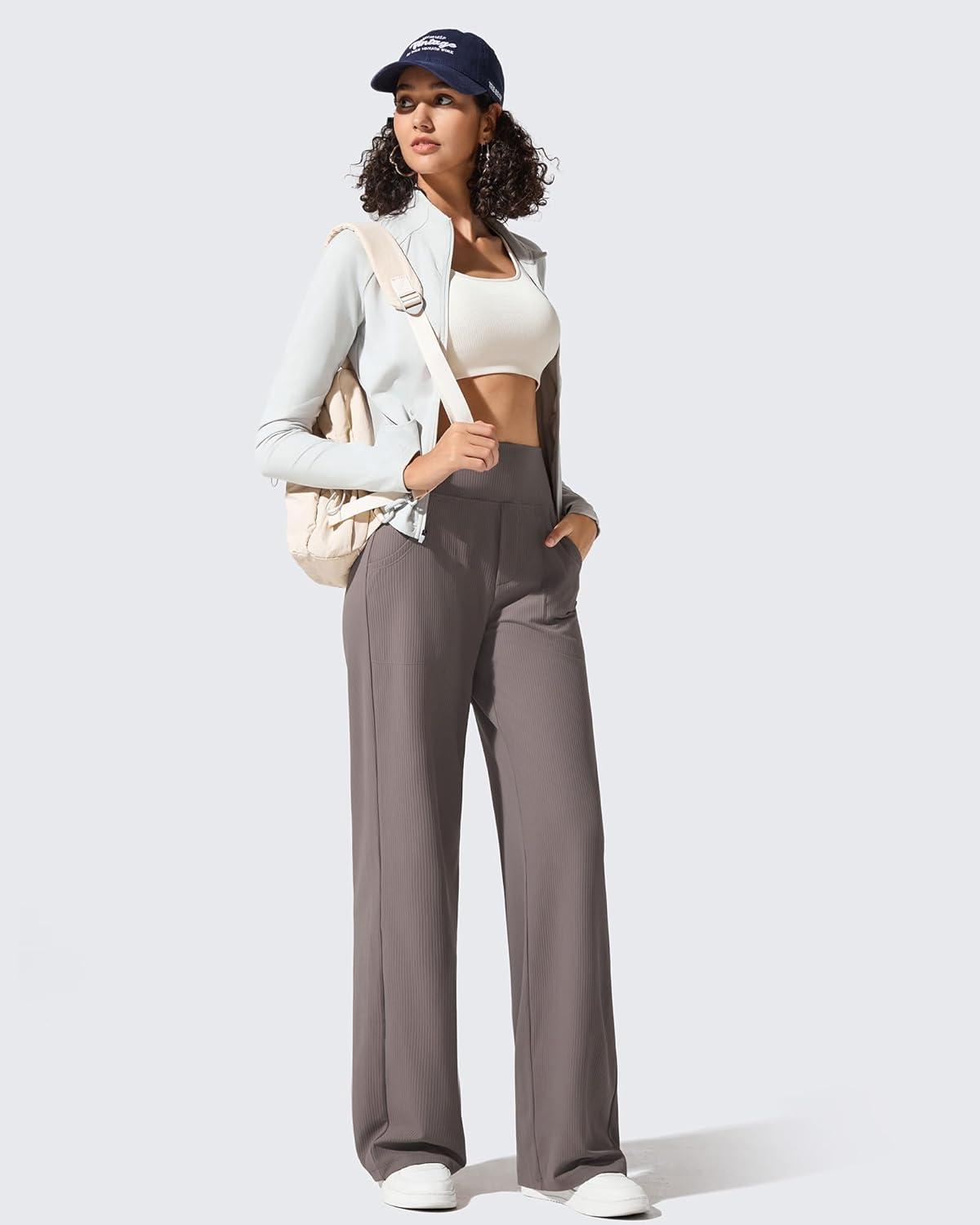 imageG4Free Breathable Ribbed Wide Leg Yoga Pants Women High Waist Lightweight Casual Trousers with PocketsTaupe