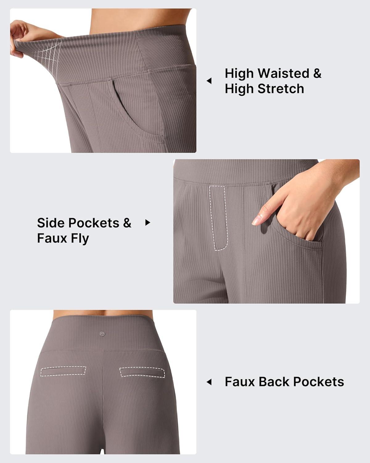 imageG4Free Breathable Ribbed Wide Leg Yoga Pants Women High Waist Lightweight Casual Trousers with PocketsTaupe