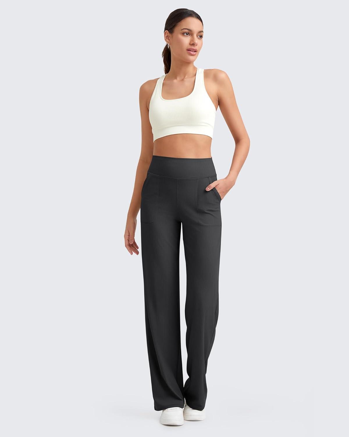 imageG4Free Breathable Ribbed Women Casual Wide Leg Pants with Pockets Lightweight High Waist Yoga Pants PetiteRegularTallBlack