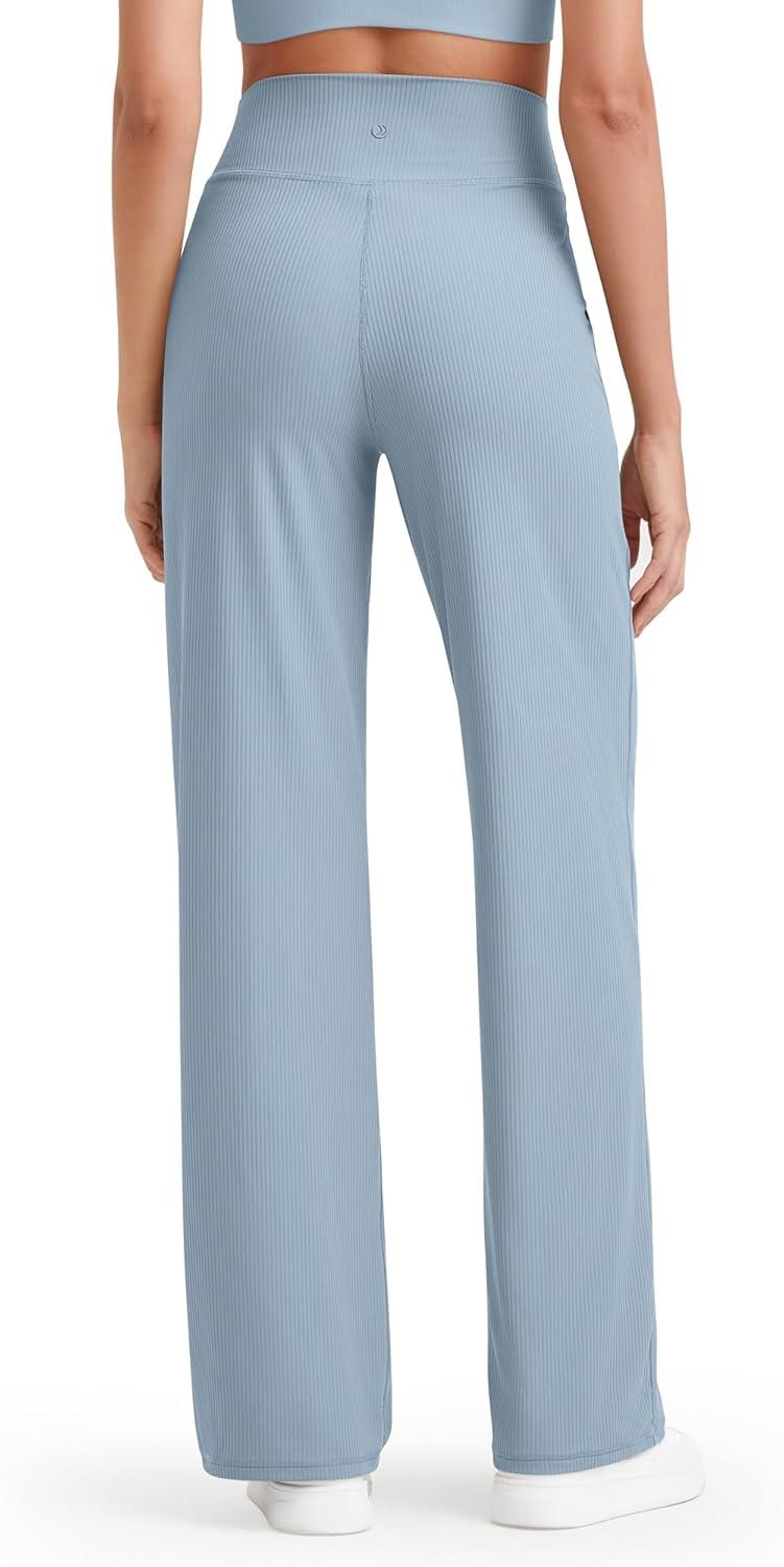 imageG4Free Breathable Ribbed Women Casual Wide Leg Pants with Pockets Lightweight High Waist Yoga Pants PetiteRegularTallBlue Willow