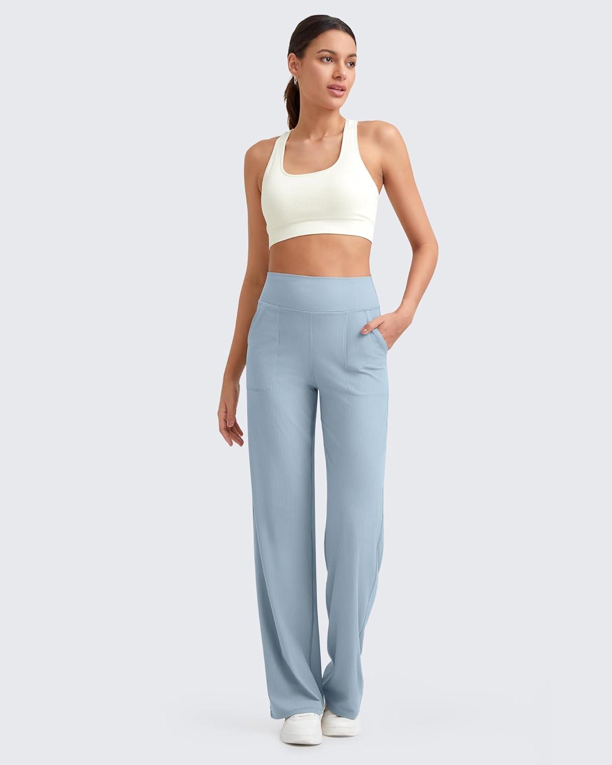 imageG4Free Breathable Ribbed Women Casual Wide Leg Pants with Pockets Lightweight High Waist Yoga Pants PetiteRegularTallBlue Willow