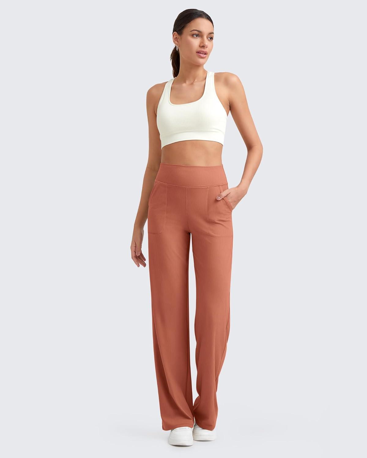 imageG4Free Breathable Ribbed Women Casual Wide Leg Pants with Pockets Lightweight High Waist Yoga Pants PetiteRegularTallBurnt Orange