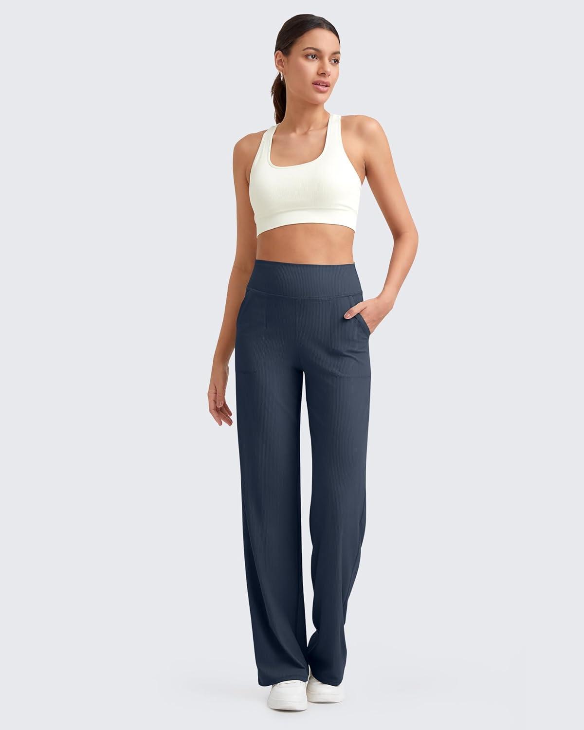 imageG4Free Breathable Ribbed Women Casual Wide Leg Pants with Pockets Lightweight High Waist Yoga Pants PetiteRegularTallDark Navy