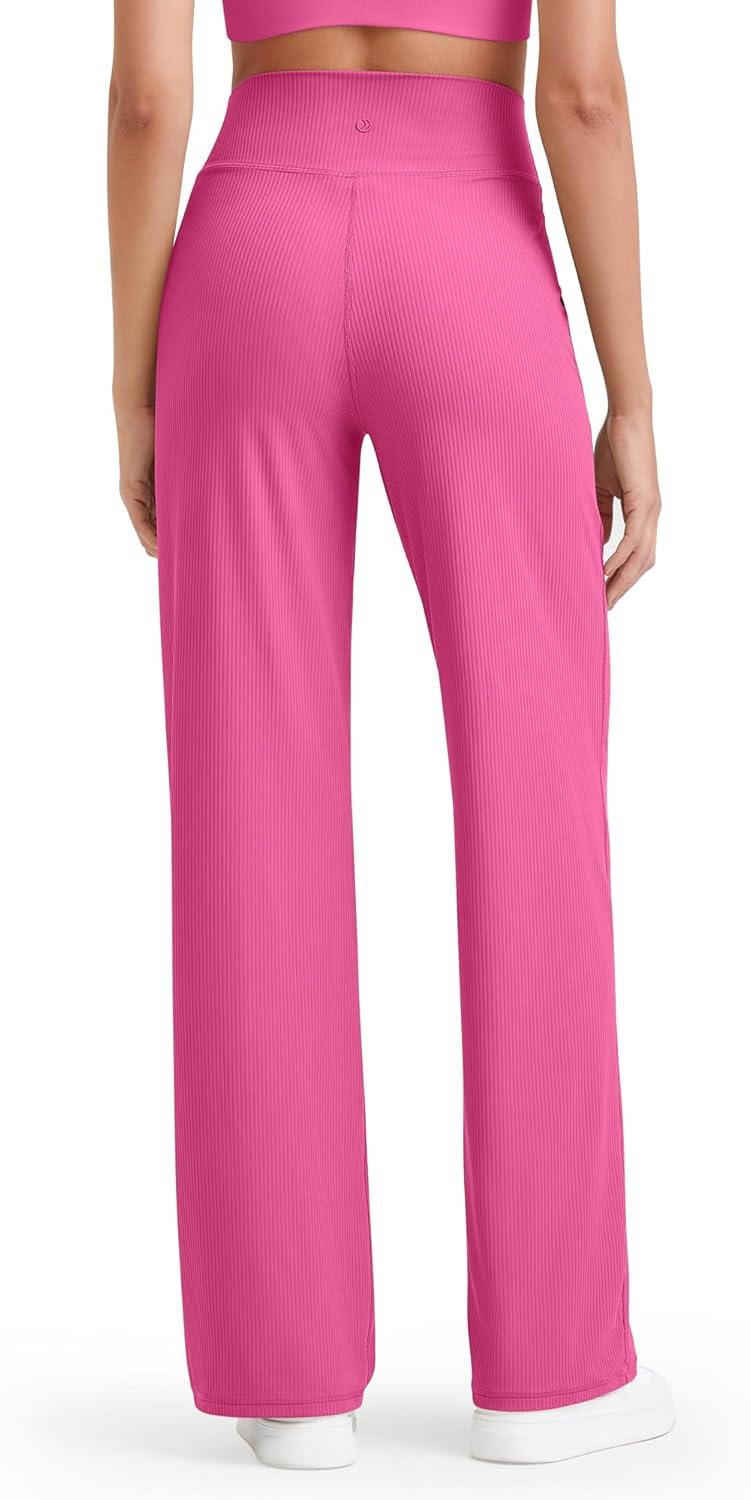 imageG4Free Breathable Ribbed Women Casual Wide Leg Pants with Pockets Lightweight High Waist Yoga Pants PetiteRegularTallHot Pink