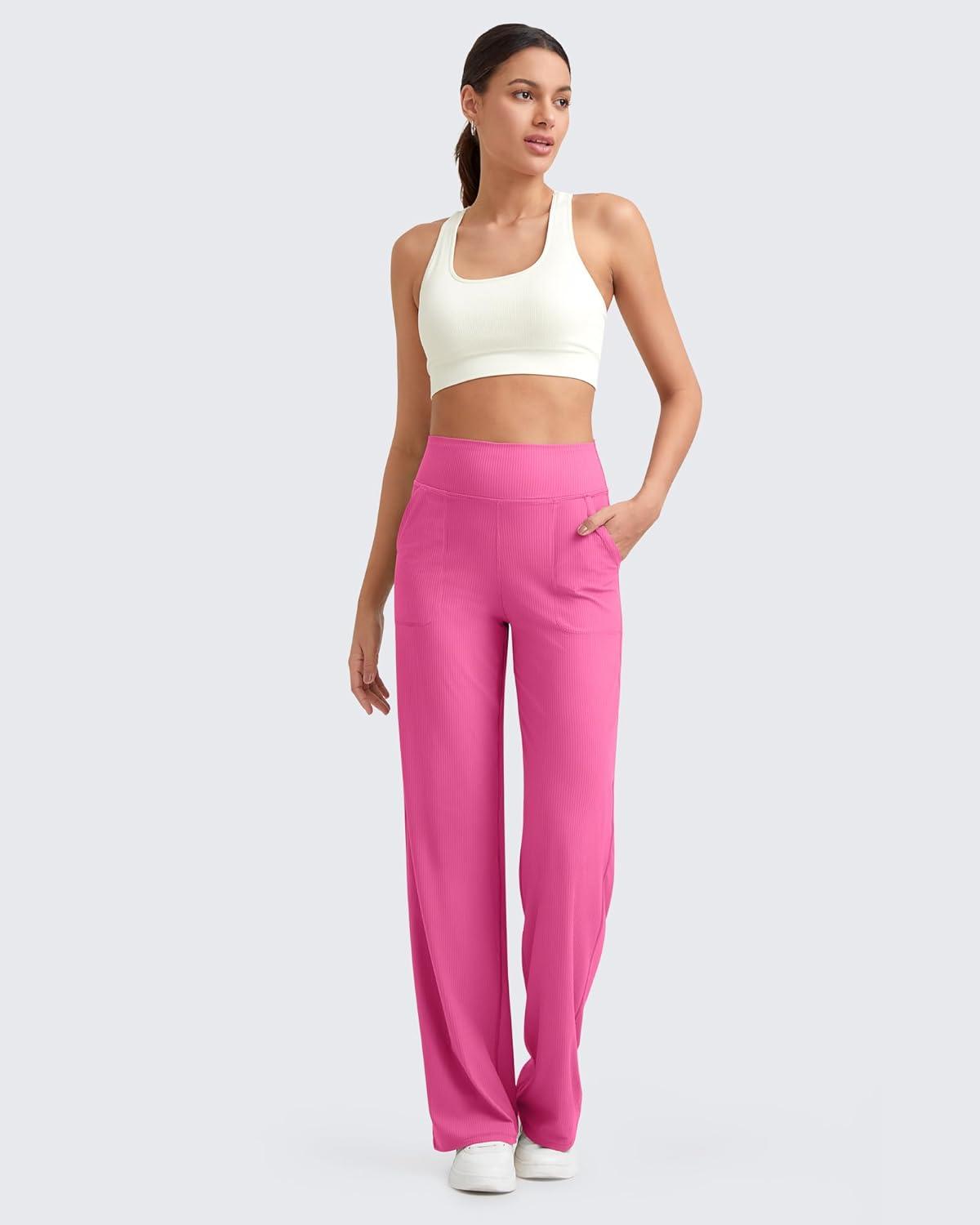 imageG4Free Breathable Ribbed Women Casual Wide Leg Pants with Pockets Lightweight High Waist Yoga Pants PetiteRegularTallHot Pink