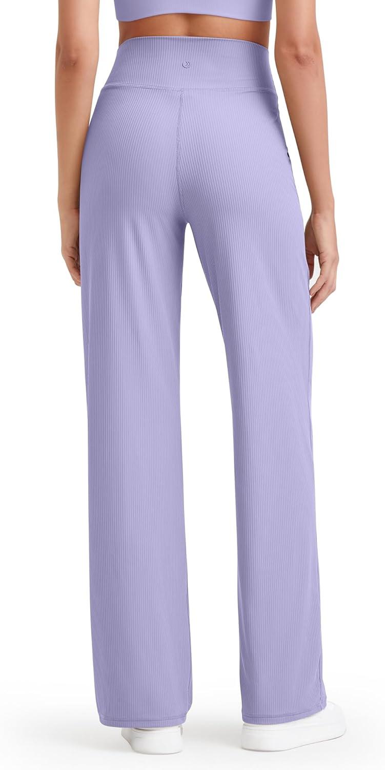 imageG4Free Breathable Ribbed Women Casual Wide Leg Pants with Pockets Lightweight High Waist Yoga Pants PetiteRegularTallLavender