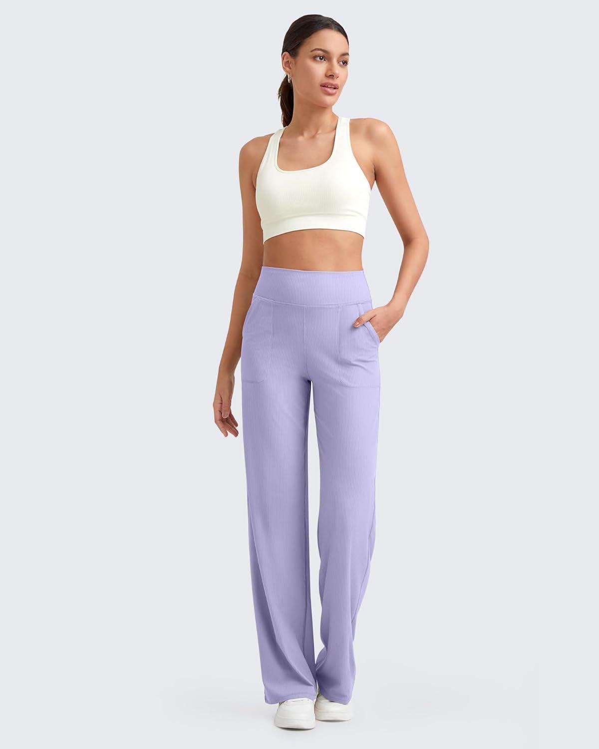 imageG4Free Breathable Ribbed Women Casual Wide Leg Pants with Pockets Lightweight High Waist Yoga Pants PetiteRegularTallLavender