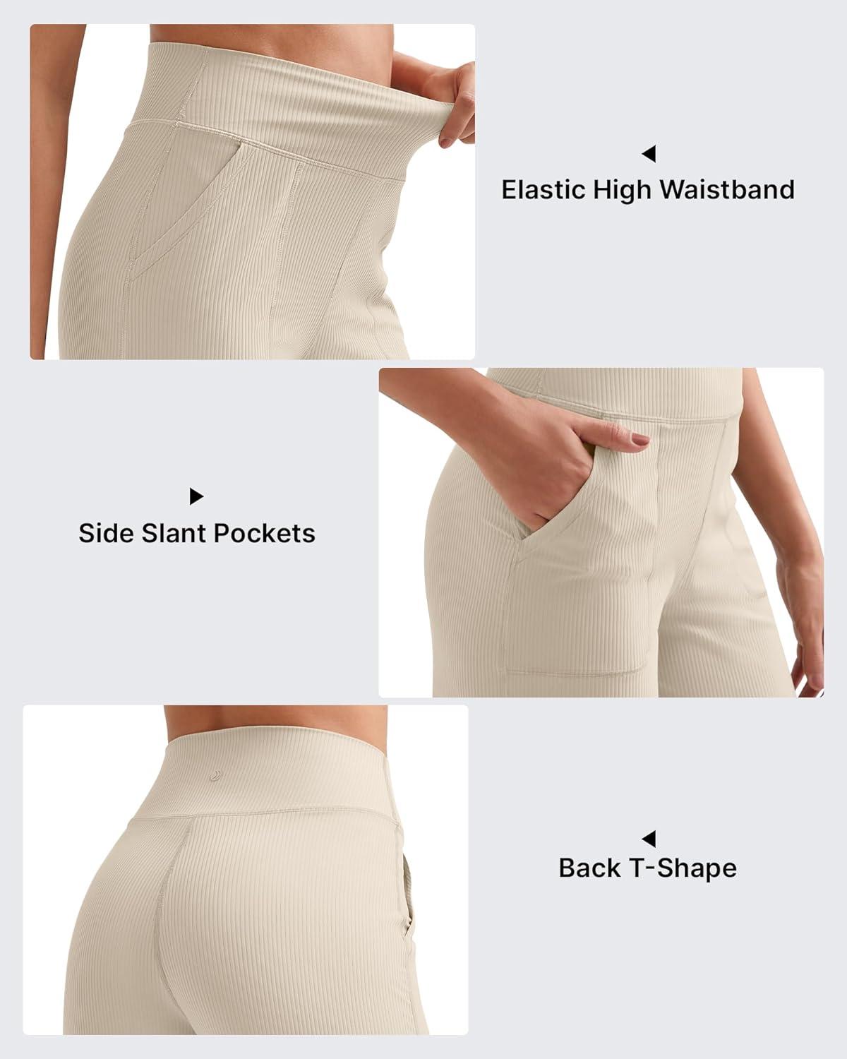 imageG4Free Breathable Ribbed Women Casual Wide Leg Pants with Pockets Lightweight High Waist Yoga Pants PetiteRegularTallLight Khaki