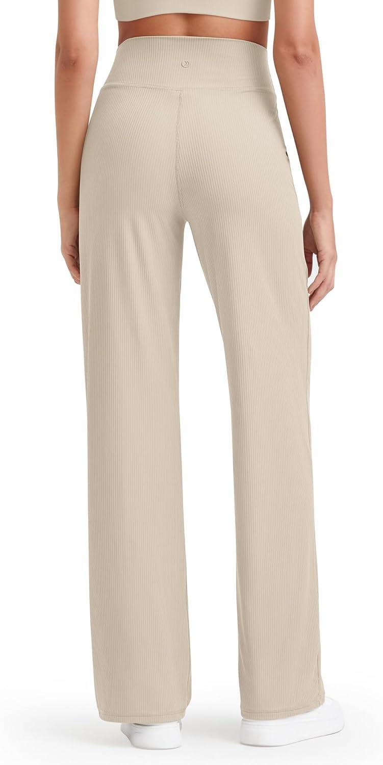 imageG4Free Breathable Ribbed Women Casual Wide Leg Pants with Pockets Lightweight High Waist Yoga Pants PetiteRegularTallLight Khaki