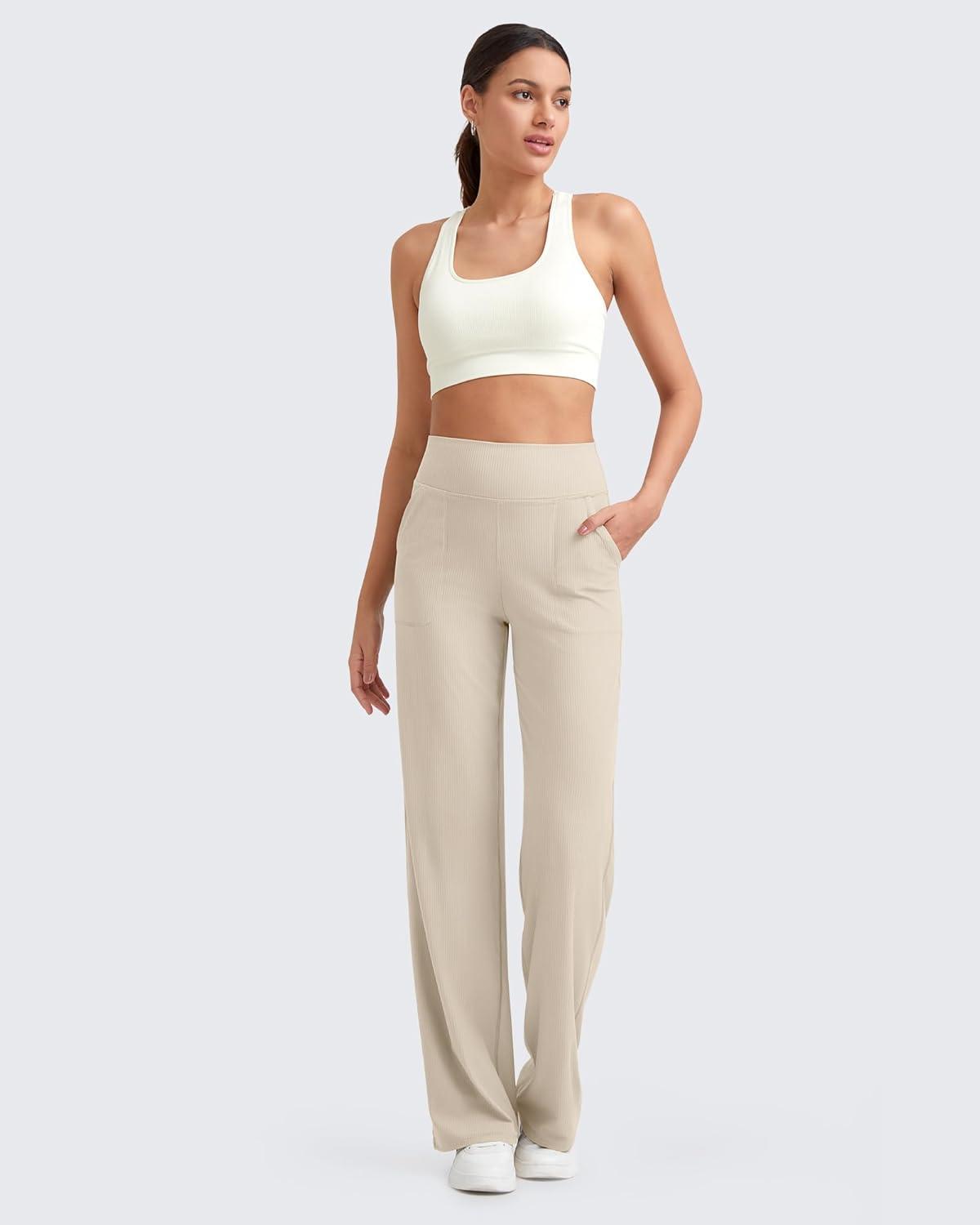 imageG4Free Breathable Ribbed Women Casual Wide Leg Pants with Pockets Lightweight High Waist Yoga Pants PetiteRegularTallLight Khaki