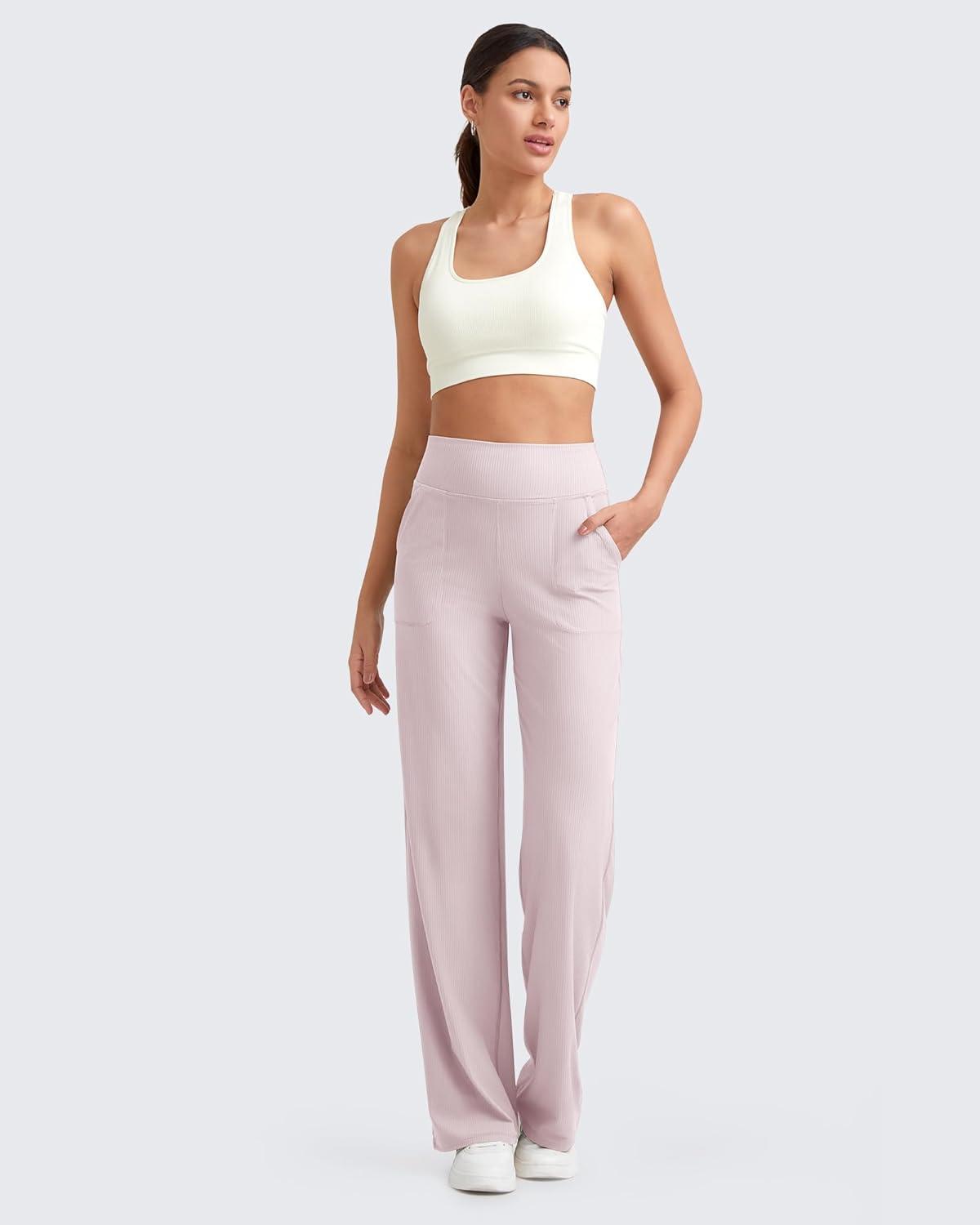 imageG4Free Breathable Ribbed Women Casual Wide Leg Pants with Pockets Lightweight High Waist Yoga Pants PetiteRegularTallLight Pink
