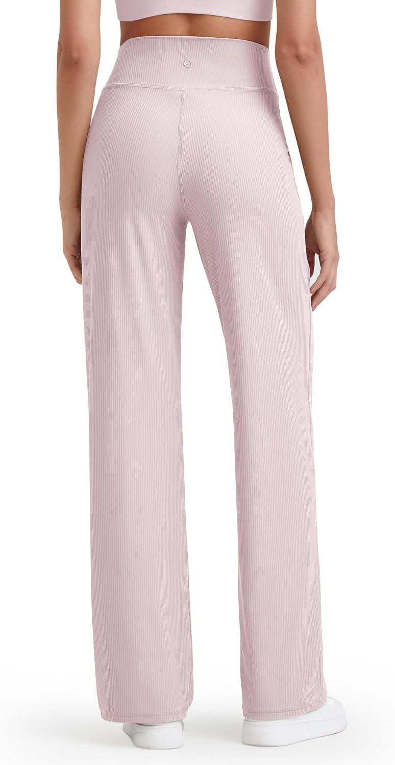 imageG4Free Breathable Ribbed Women Casual Wide Leg Pants with Pockets Lightweight High Waist Yoga Pants PetiteRegularTallLight Pink