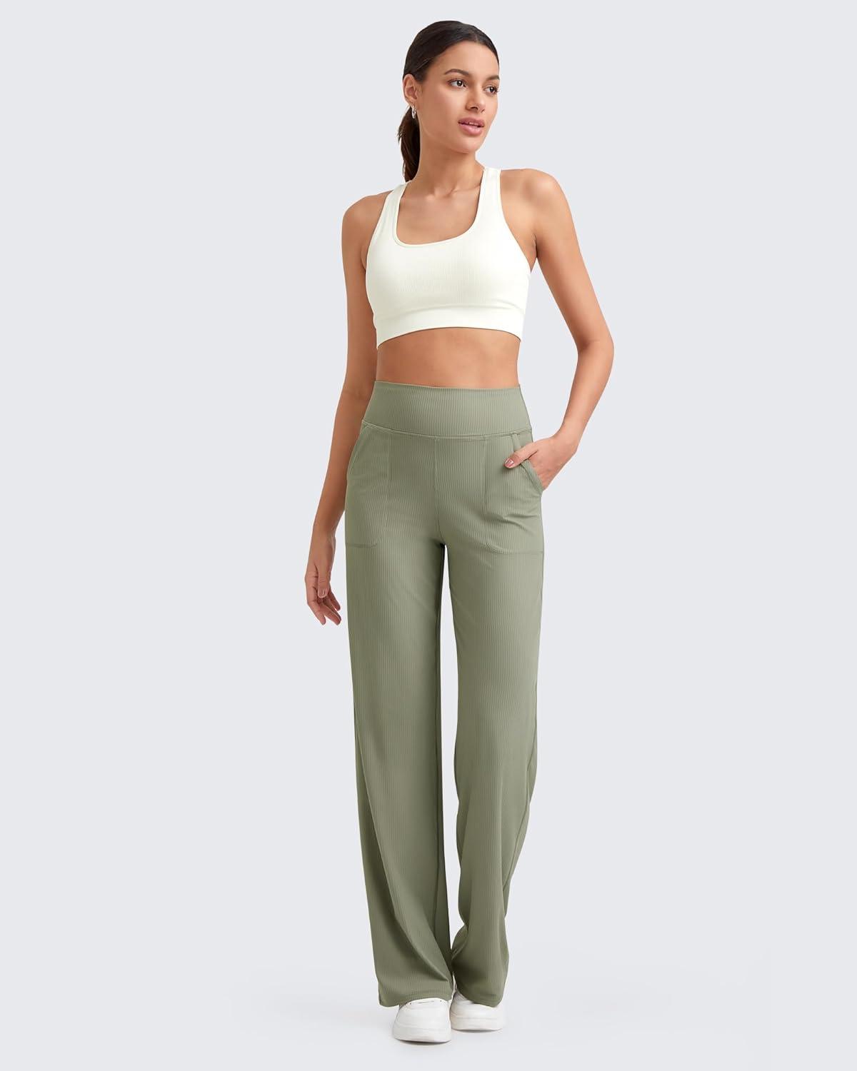 imageG4Free Breathable Ribbed Women Casual Wide Leg Pants with Pockets Lightweight High Waist Yoga Pants PetiteRegularTallMisty Green