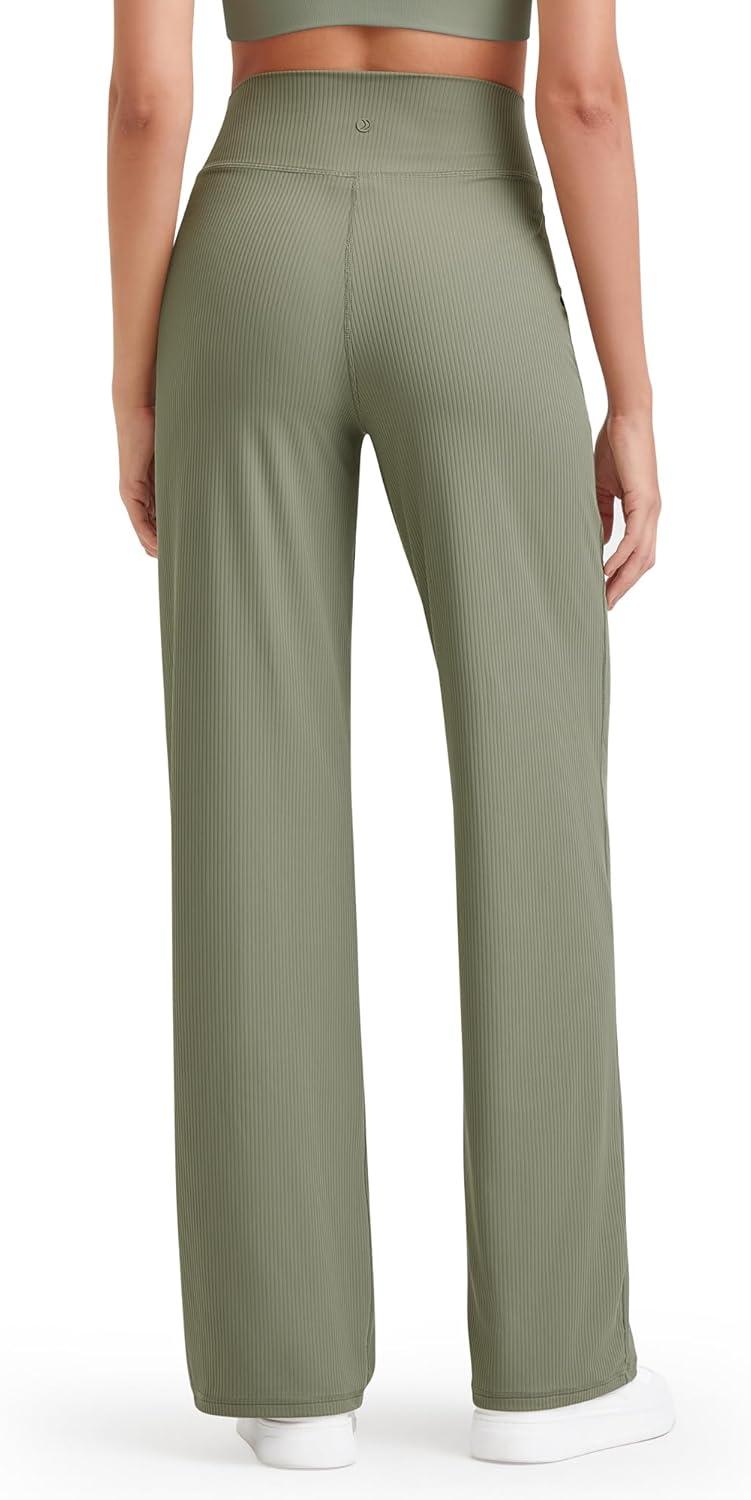 imageG4Free Breathable Ribbed Women Casual Wide Leg Pants with Pockets Lightweight High Waist Yoga Pants PetiteRegularTallMisty Green