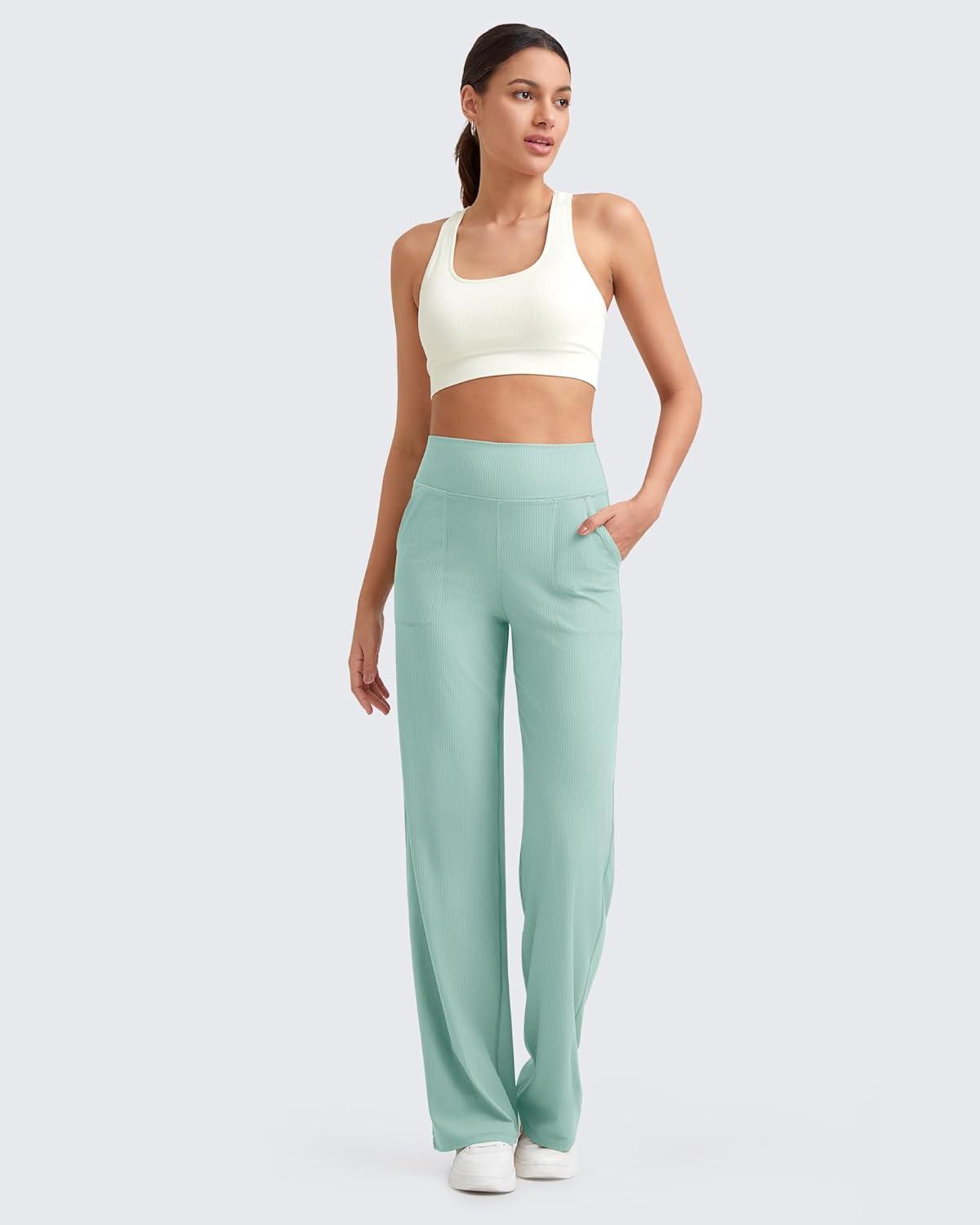 imageG4Free Breathable Ribbed Women Casual Wide Leg Pants with Pockets Lightweight High Waist Yoga Pants PetiteRegularTallPowder Blue