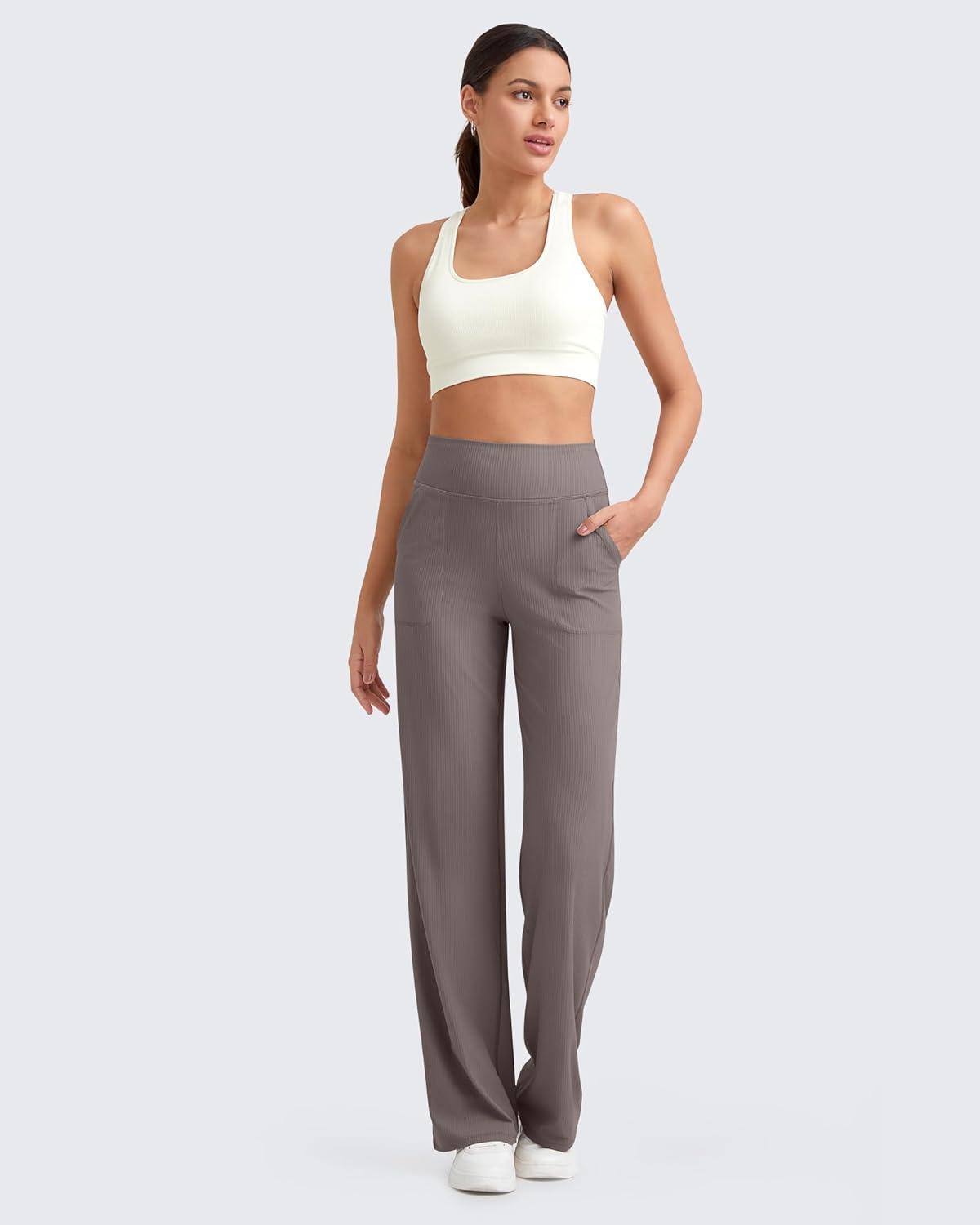 imageG4Free Breathable Ribbed Women Casual Wide Leg Pants with Pockets Lightweight High Waist Yoga Pants PetiteRegularTallTaupe